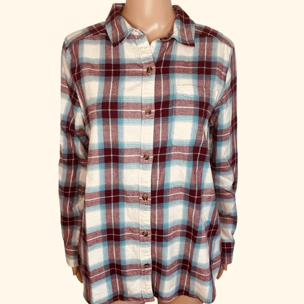 SO Women’s Plaid Button Down Flannel Relaxed Fit Maroon Blue Size M Medium
